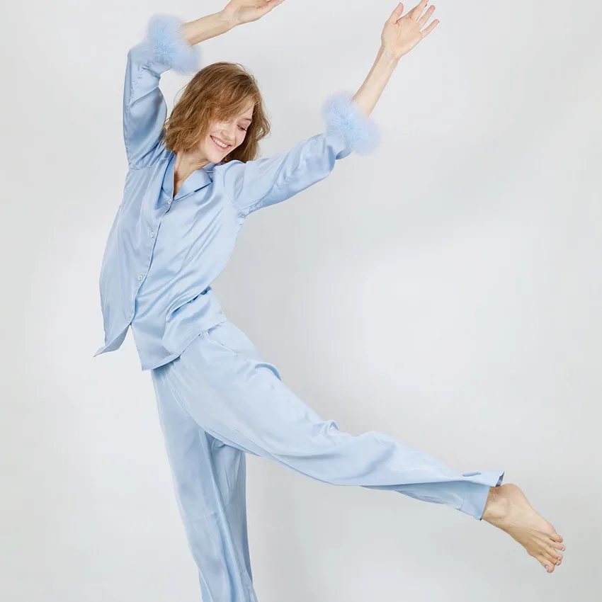 Wholesale Solid Color Satin Sleepwear Turkey Feather Custom Pajamas For Women Set