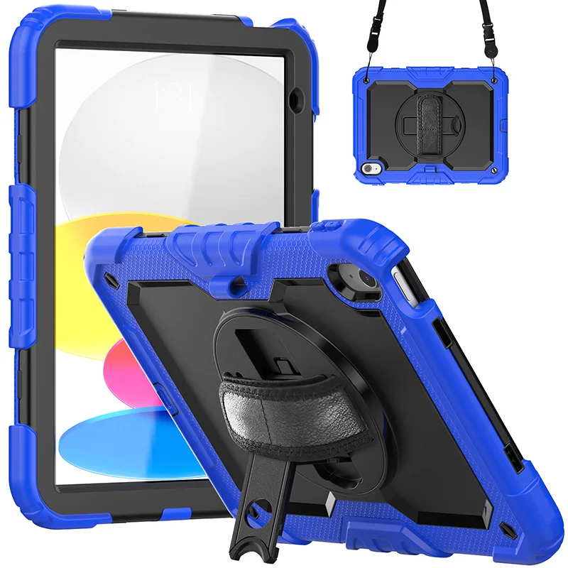 For iPad 10th Generation 10.9 inch 2022 silicone shockproof case with shoulder trap built in screen protector film rugged cover