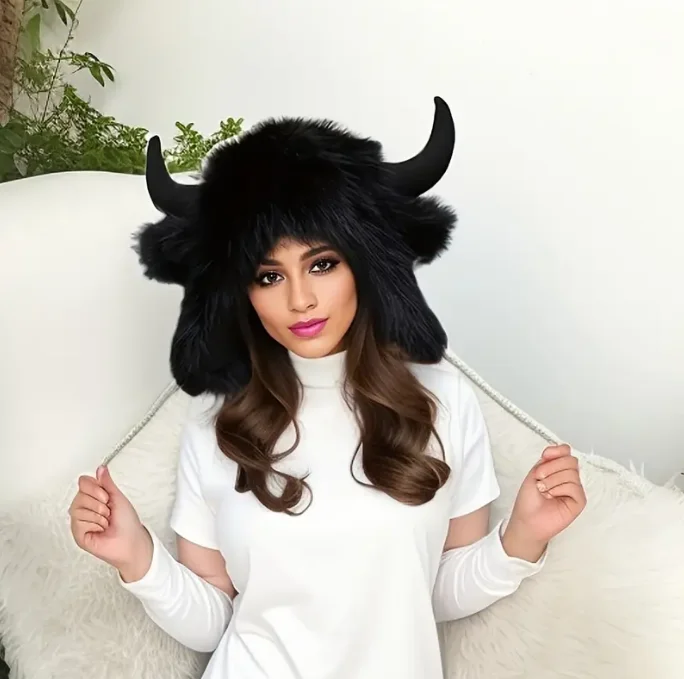 Fluffy Faux Fur Bull Horn Ear Protection Hat Role Play Party  Funny Cow Horn Warm Thick Ski Animal  Winter Cap