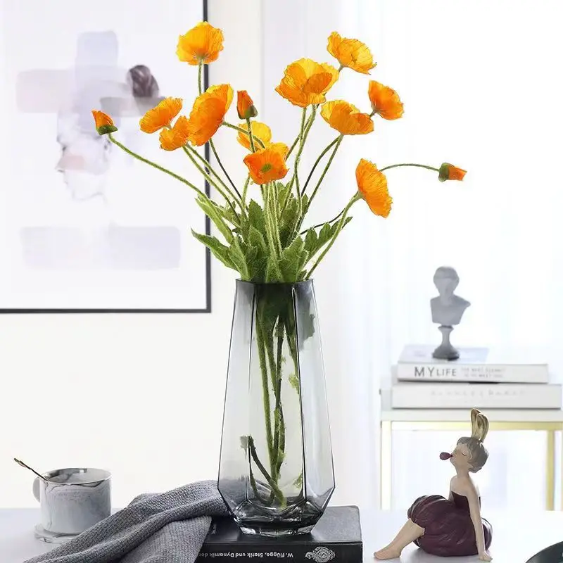 Unique Design Dark Gray Home Decor Hexagonal Prism Glass Flower Vase Cheap Clear Glass Crystal Vases Home Wedding Decoration