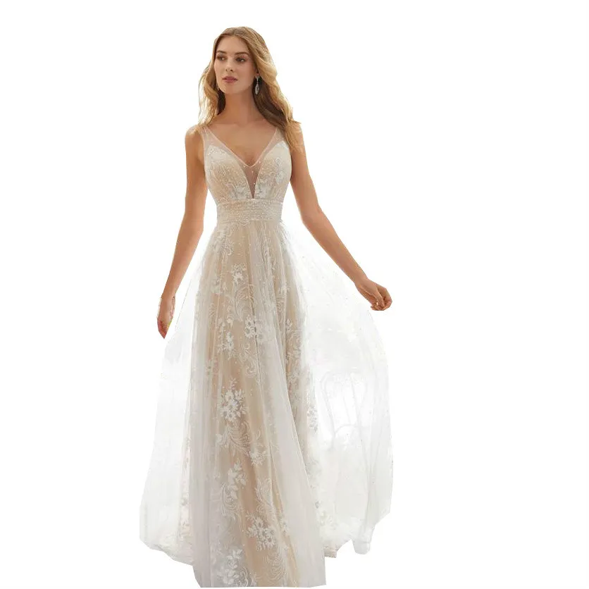 European and American new style wedding dress sexy B-neck sleeveless lace wedding dress drop shipping fulfill