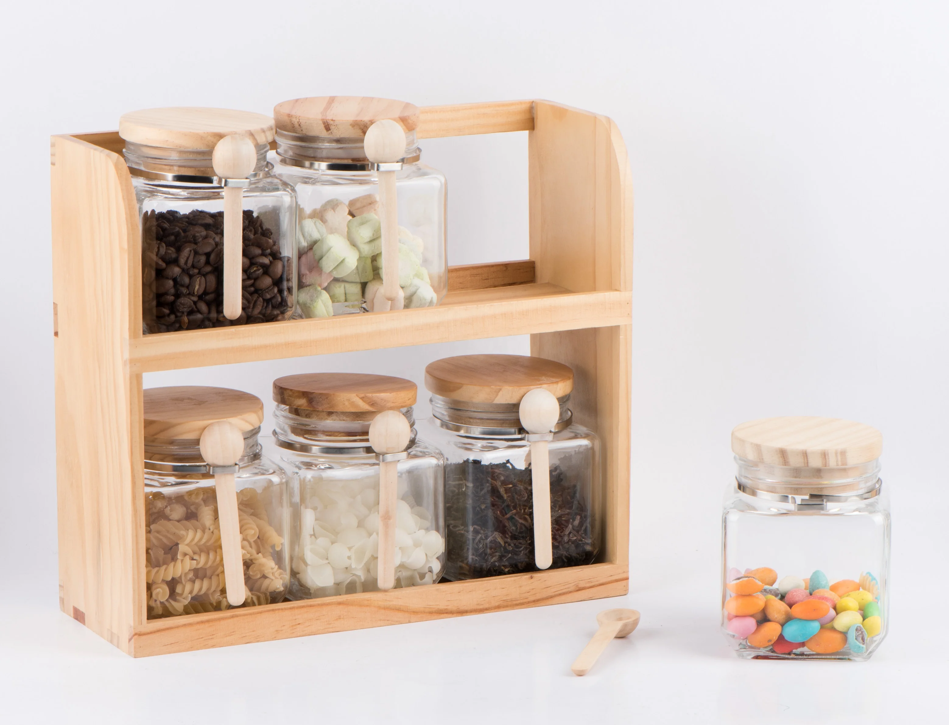 CP171W 6pcs 500ml square Glass Food Storage Jar  Candy Jar with Wooden Lid and Spoon and Wooden Rack