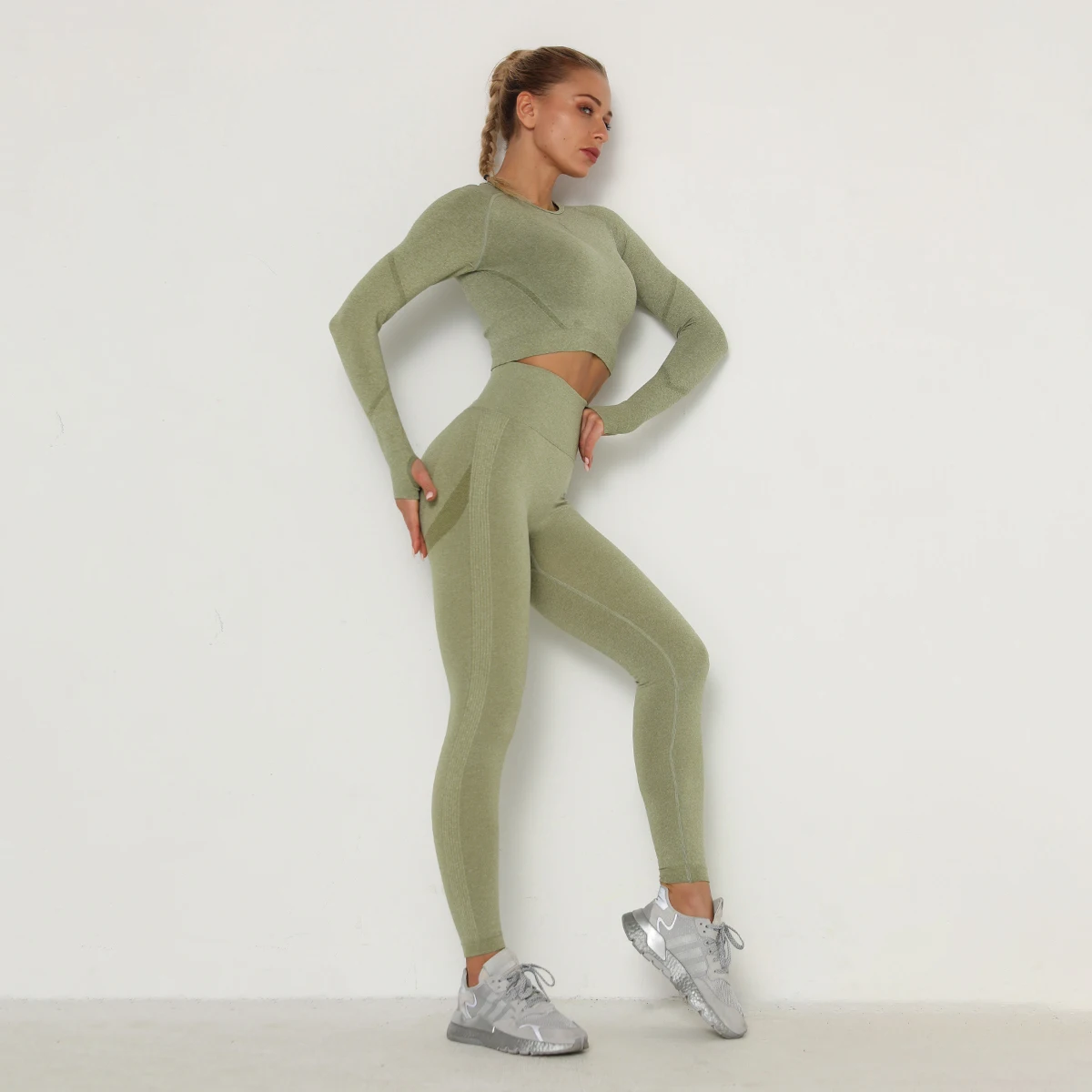 Hot Selling Fitness Girl Active Wear Set Slim Long-sleeved Yoga Suit Scrunch Butt Leggings