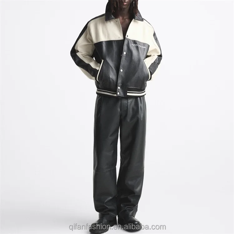 Custom embroidery black white contrast lapel collar color block leather jacket for men