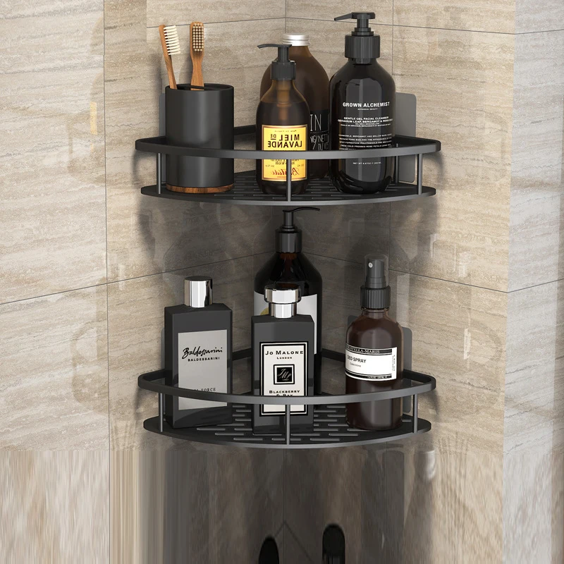 Multilayer wall mounted no drilling adhesive corner shower caddy set black storage shelf basket shelf for bathroom kitchen