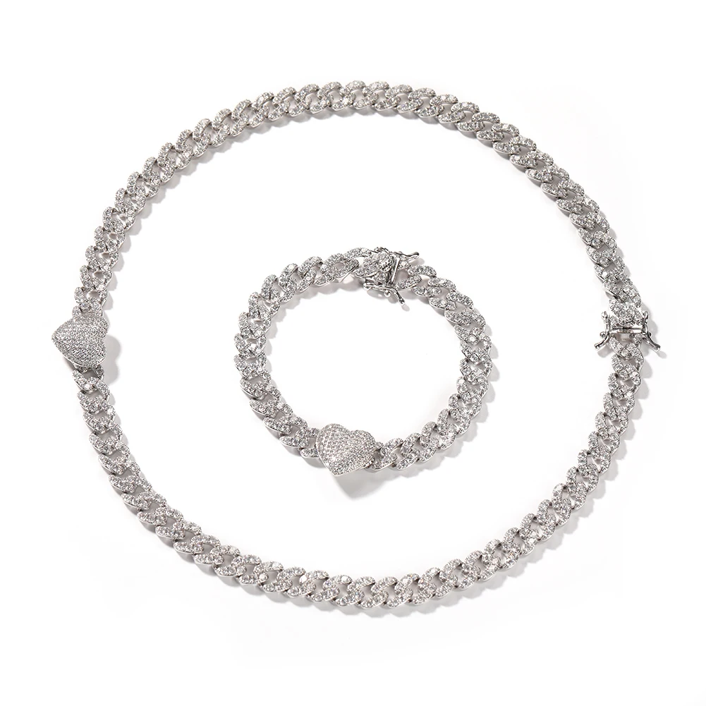 New Fashion 9mm Heart Cuban High Quality Iced Out Bling Cuban Link Chain Jewelry Set Necklace Bracelet for Women Man