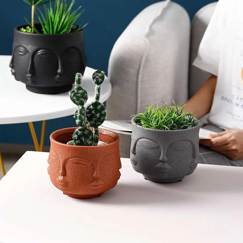 Indoor desk home decor small white black modern creative face succulent bonsai cactus ceramic flower pots for plants