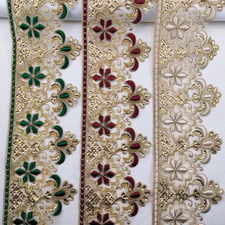 Beautiful Rhinestones Flower Lace Trimming Border Gold  Mesh Black White Embroidered Beaded Sequins Lace Trim For Bridal Dress