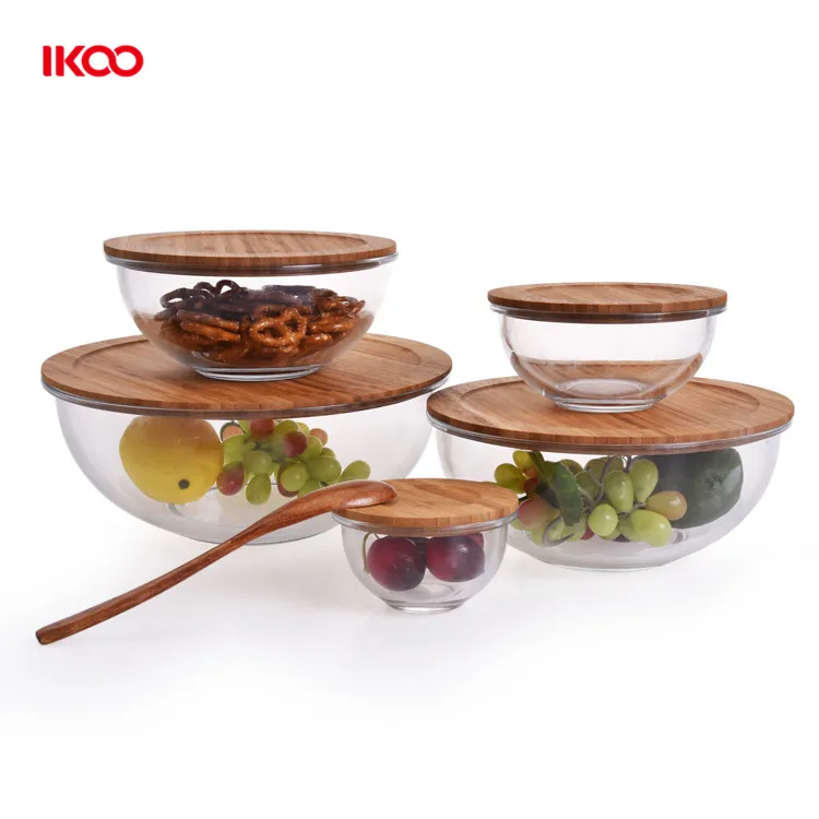 round glass fruit salad food prep serving bowl glass mixing bowl with wood lid