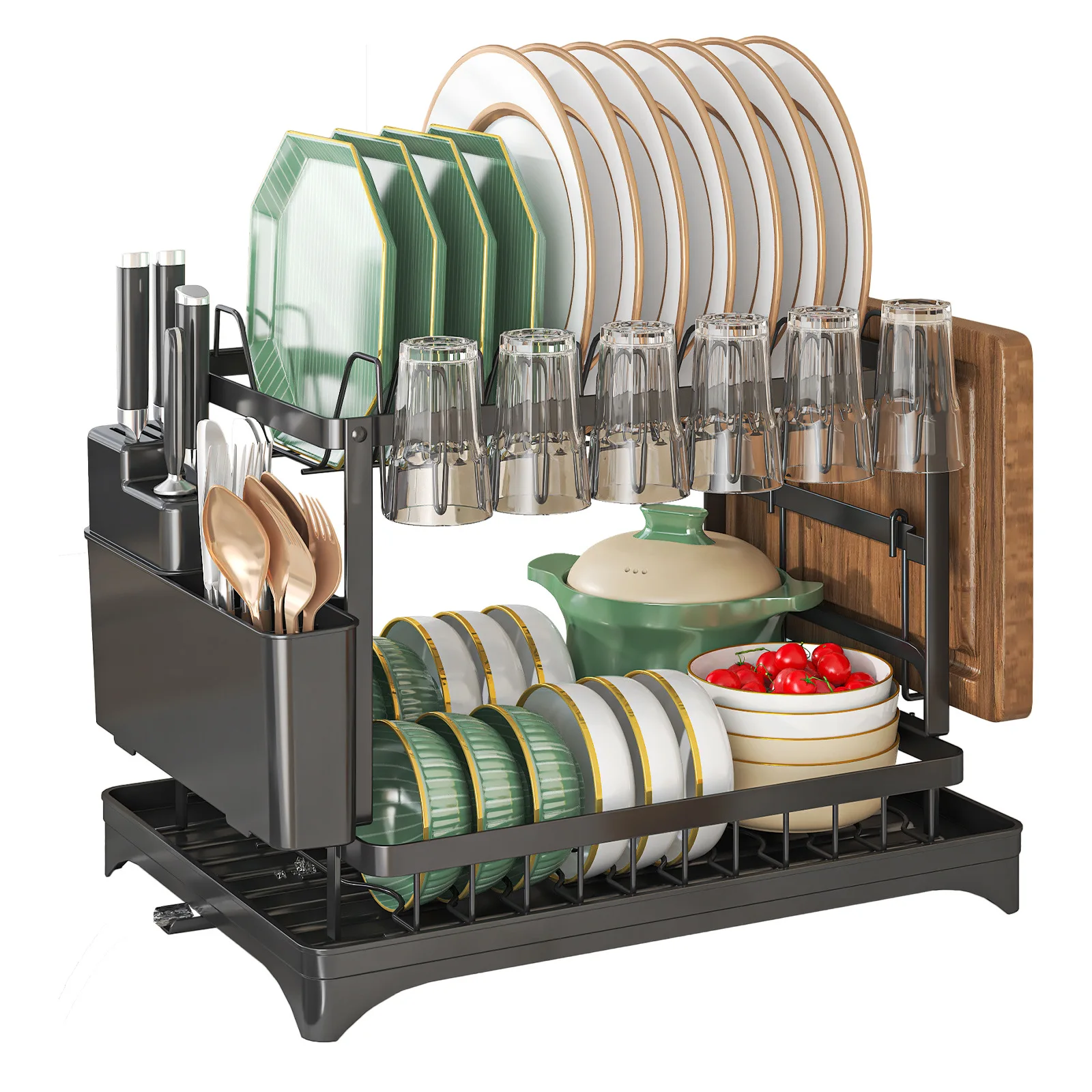Large 2 Tier Dish Rack and Drainboard Set with Cutlery Holder Dish Drying Rack for Kitchen Counter with Drainboard