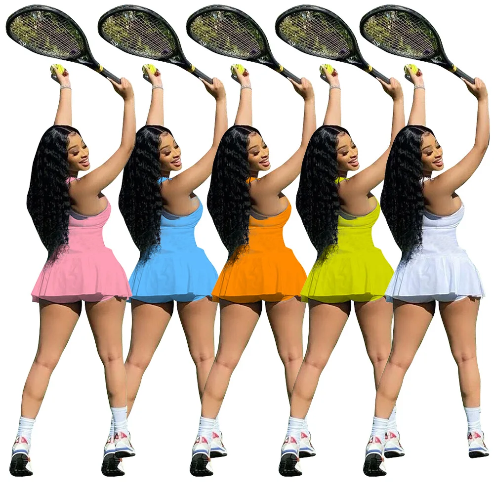 
EB-20051212 XS-2XL Bodycon Summer One Piece Culottes Dress 2021 Women Sportswear Tennis Dresses Short Jumpsuit Woman Clothing 