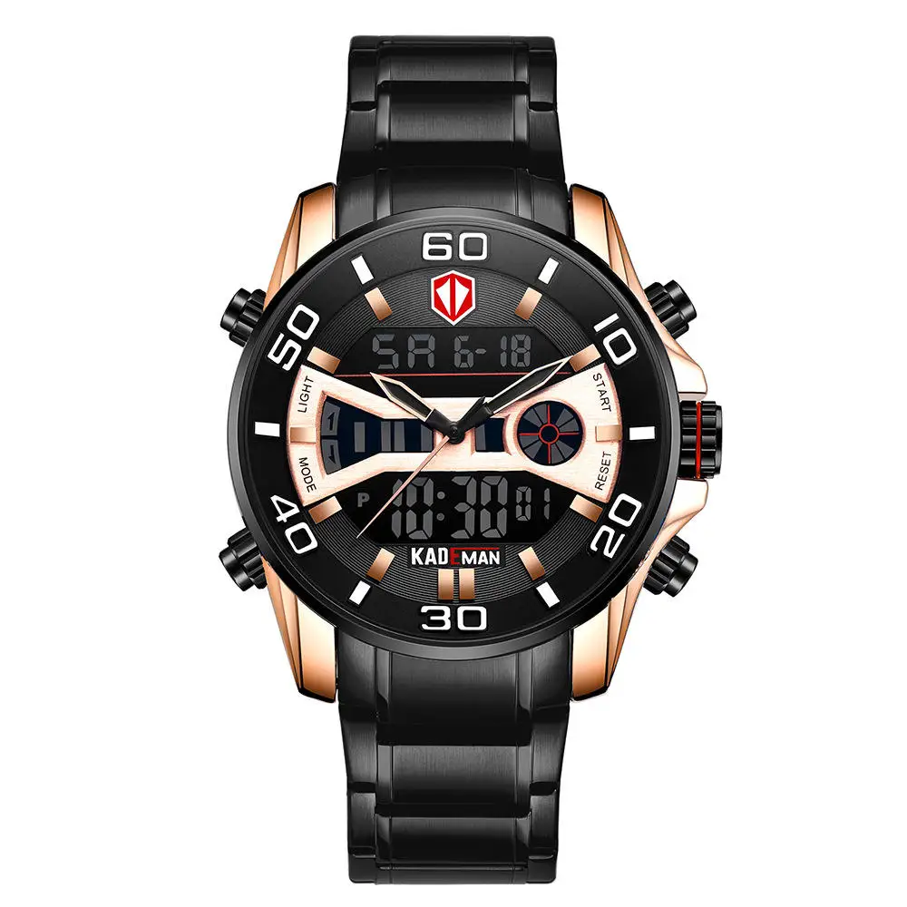 Kademan Men Watch Led Dual Display Digital Waterproof Chain Sport Casual Fashion Stainless Steel Watches Chronograph Clock