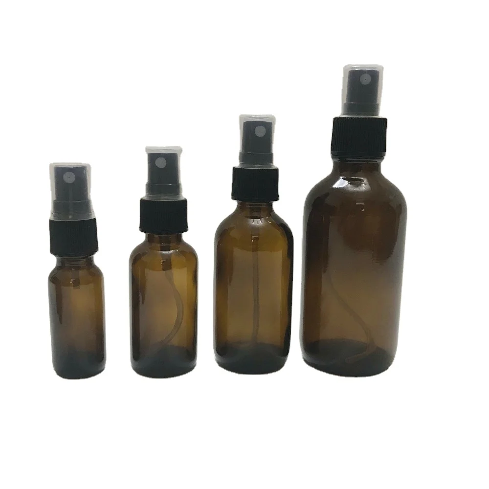 4 ounce amber boston round glass spray bottle with fine mist sprayer for essential oil