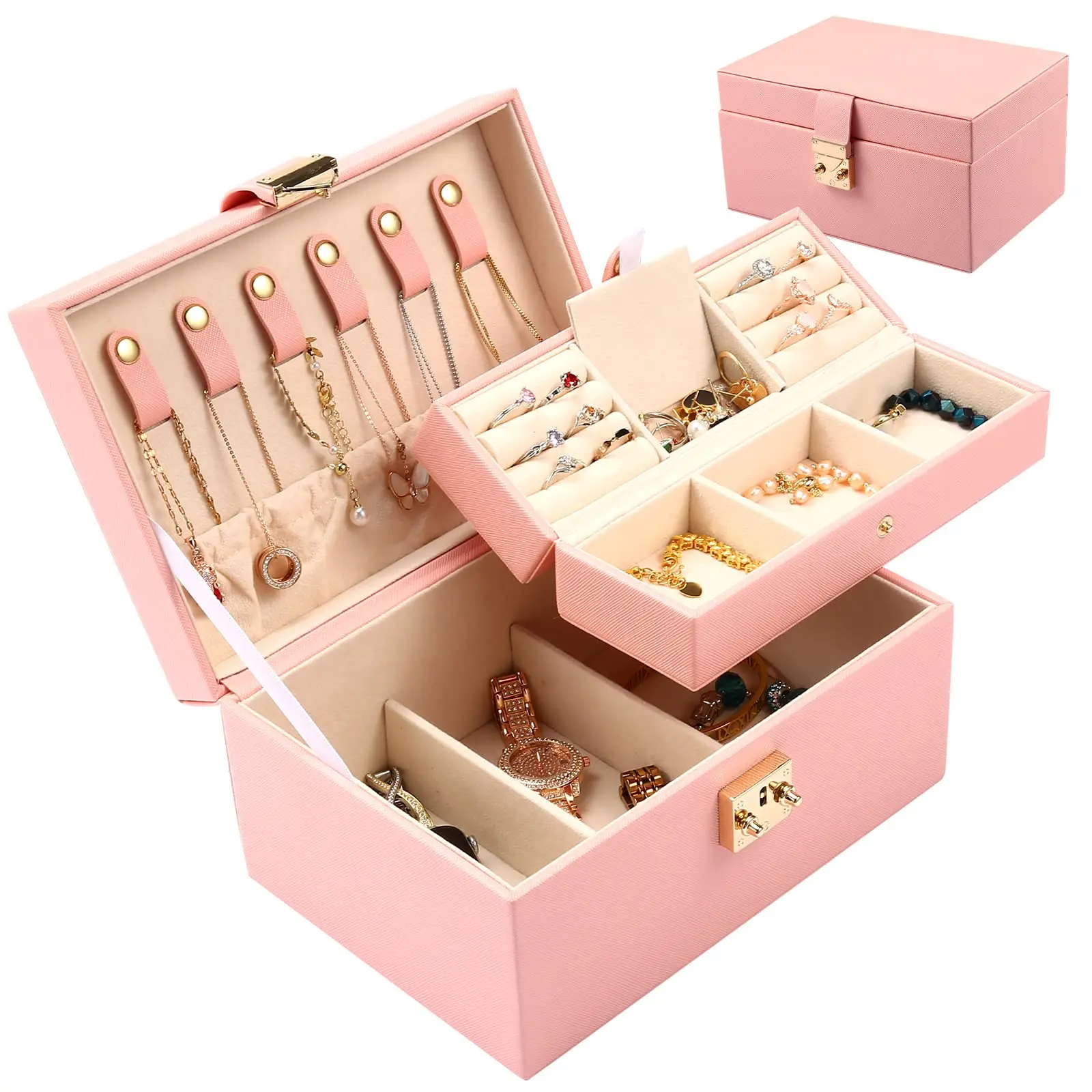 Jewelry Boxes Organizer for Women Girls Wife 2 Layers PU Leather Display Jewellery Holder  Removable Portable jewelry Case