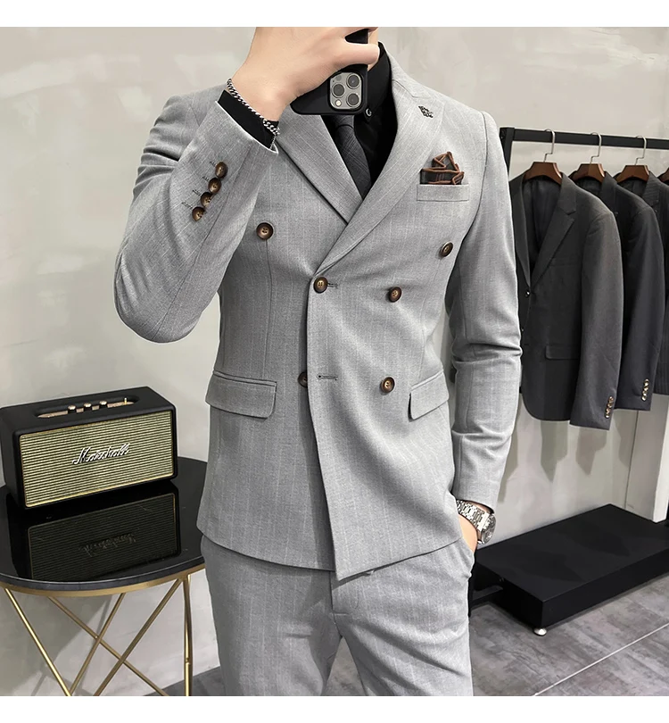 Regular Classic Fit Mens Double Breasted Suit Business Men Slim Fit Blazer Pant Vest Suit OEM Custom Flat Front Zipper Fly Woven