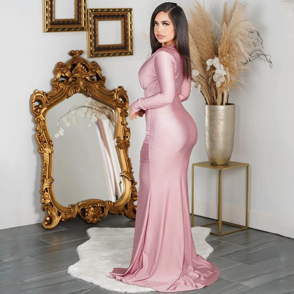 Latest fashion clothing wholesale deep v neck formal long sleeve party slit evening elegant dress