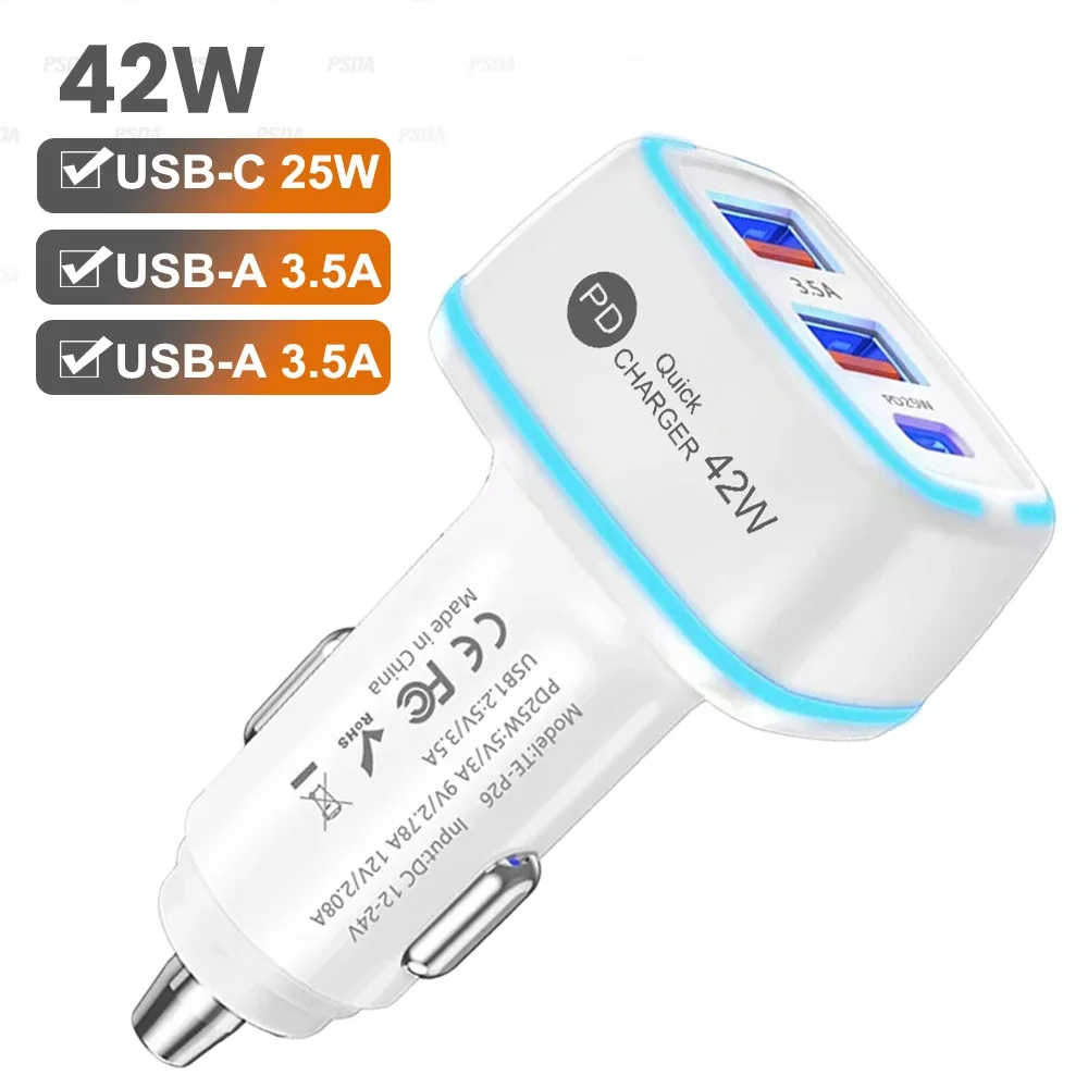 PSDA 42W Cigarette Lighter USB Car Charger Adapter Fast Charging Car Phone Charger for iPhone  15 Samsung Galaxy S24/S23 Google