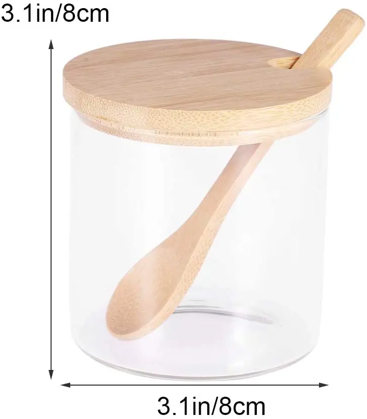 Hot Sale Borosilicate 200ml Glass Bath Salt Jar With Spoon Bamboo Lid Storage Container