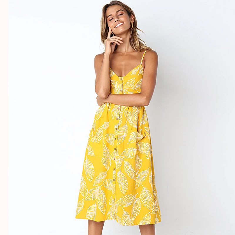 Summer Sleeveless Print Floral Sexy Ladies Girls Long dress V-Neck Button Plus Size Beach Midi Women Casual Dresses