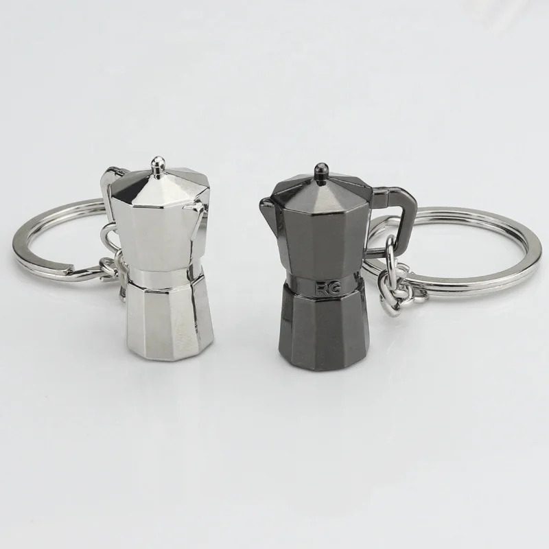 YW Hot Sale Customizable Logo Metal Mini Moka Pot Keychain Kitchen Car Design Men Key Chain for Gifts Metal Key Chains Key Ring
