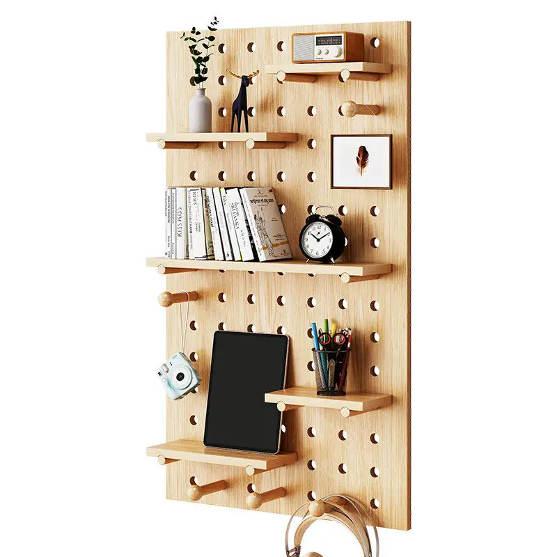 DIY Bamboo Wood Wall Organizer Kit Wall Mount Display Pegboard Panel Kits Dowel Pegs and Shelves for Bedroom Livingroom Bathroom
