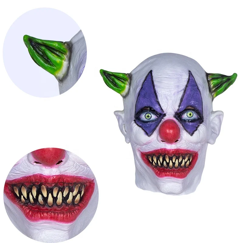 Evil Joker Mask Halloween Carnival Party Horror Killer Clown Latex Masks Creepy Green Horned Clown Mask Head Cover Holiday Gift