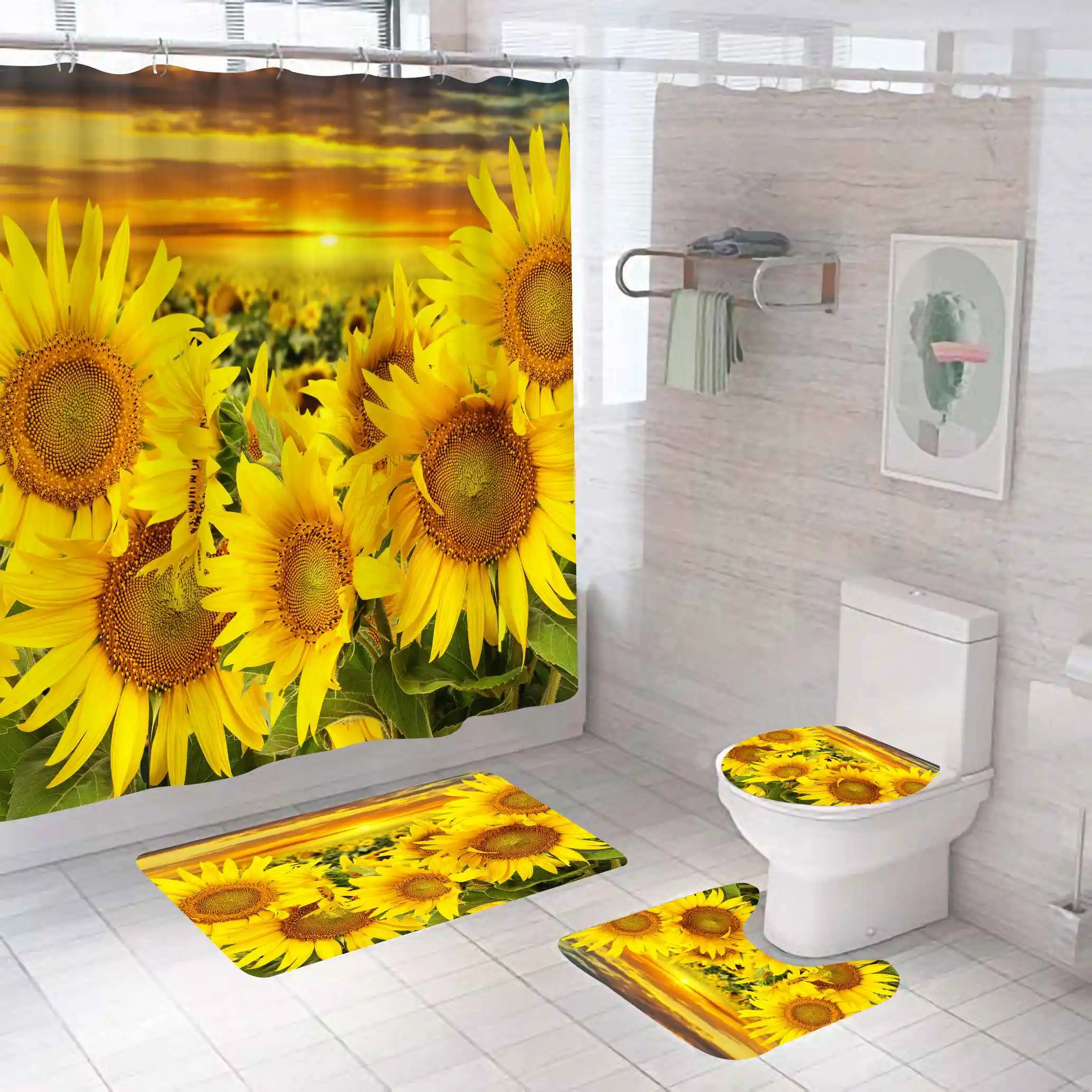 
4 Pcs Waterproof Sunflower Print Polyester Fabric Shower Curtain sets with 12 Hooks For Bathroom 