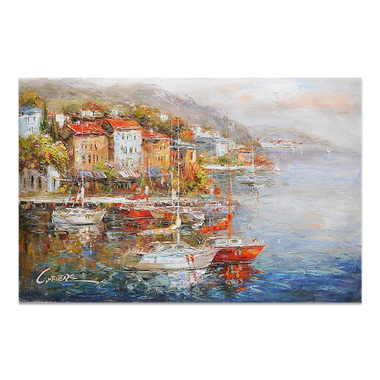 Hotselling Handpainted Palette Knife Mediterranean Seascape Painting with Boats
