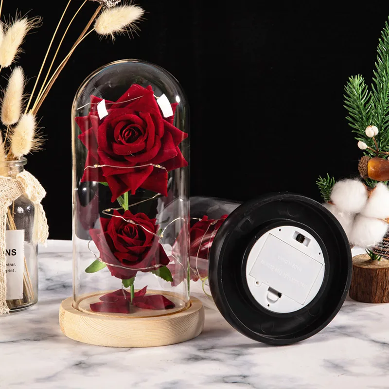 Customized Mothers Day Gifts Beauty Beast Belle Led Red Real Eternal Flower Preserved Roses in Glass Dome