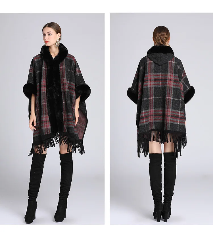Fashion Winter Women Plaid Faux Fur Cape Cloak Rabbit Fur Hooded Poncho Cardigan