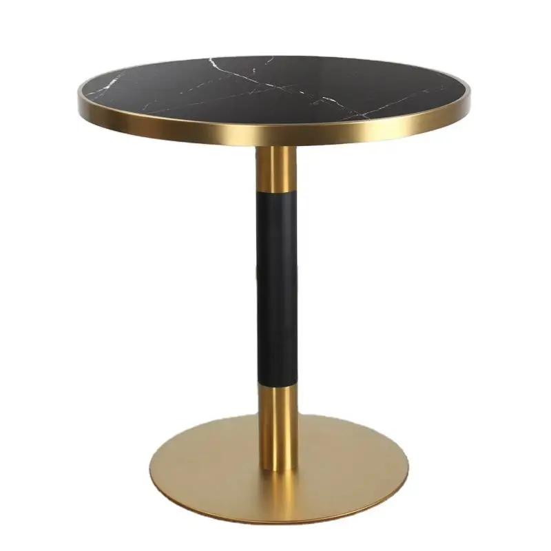 Elegant restaurant cafe shop use luxury marble slate top stainless steel round gold edge frame dining table set
