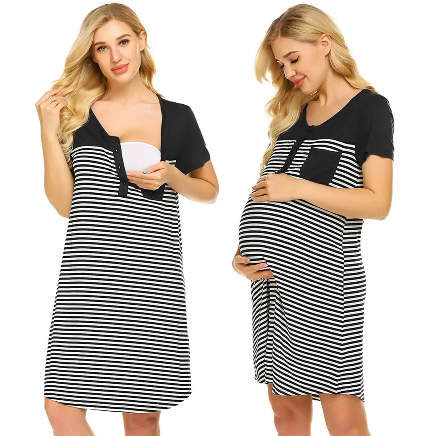 Loose Pregnancy Pajamas Women Maternity Short Sleeve Dresses Wholesale Striped Round Neck Soft Breathable Nursing Clothes Dress