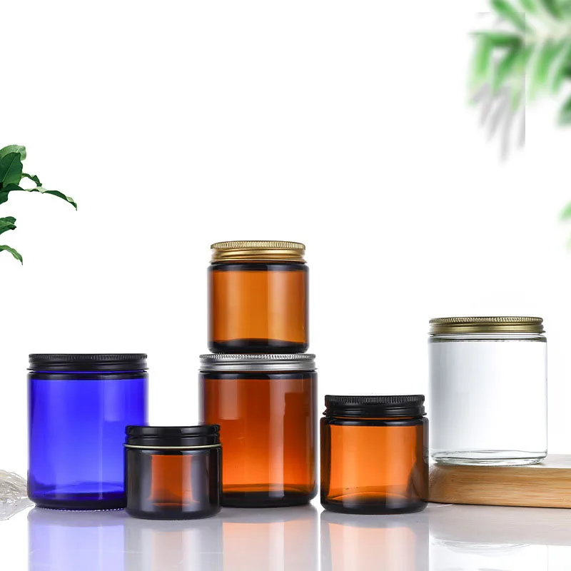 Custom 60ml  100ml 250ml Clear Brown Small Size Wide Mouth Straight Side Glass Jam Jar Medicine Storage Jar with Metal Lids