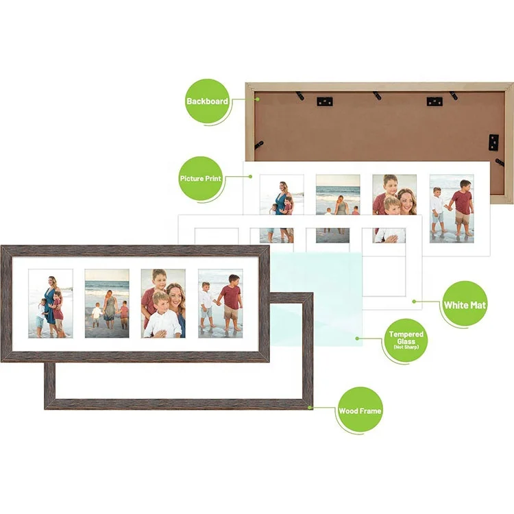 
Wholesale wooden mdf collage photo frame 8x20 with real glass and white mat display four 4x6 pictures frame 