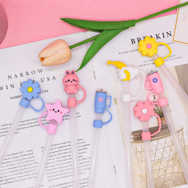 Wholesale of new silicone soft adhesive large diameter 10mm straw hat cartoon doll PVC dust plug straw protection sleeve