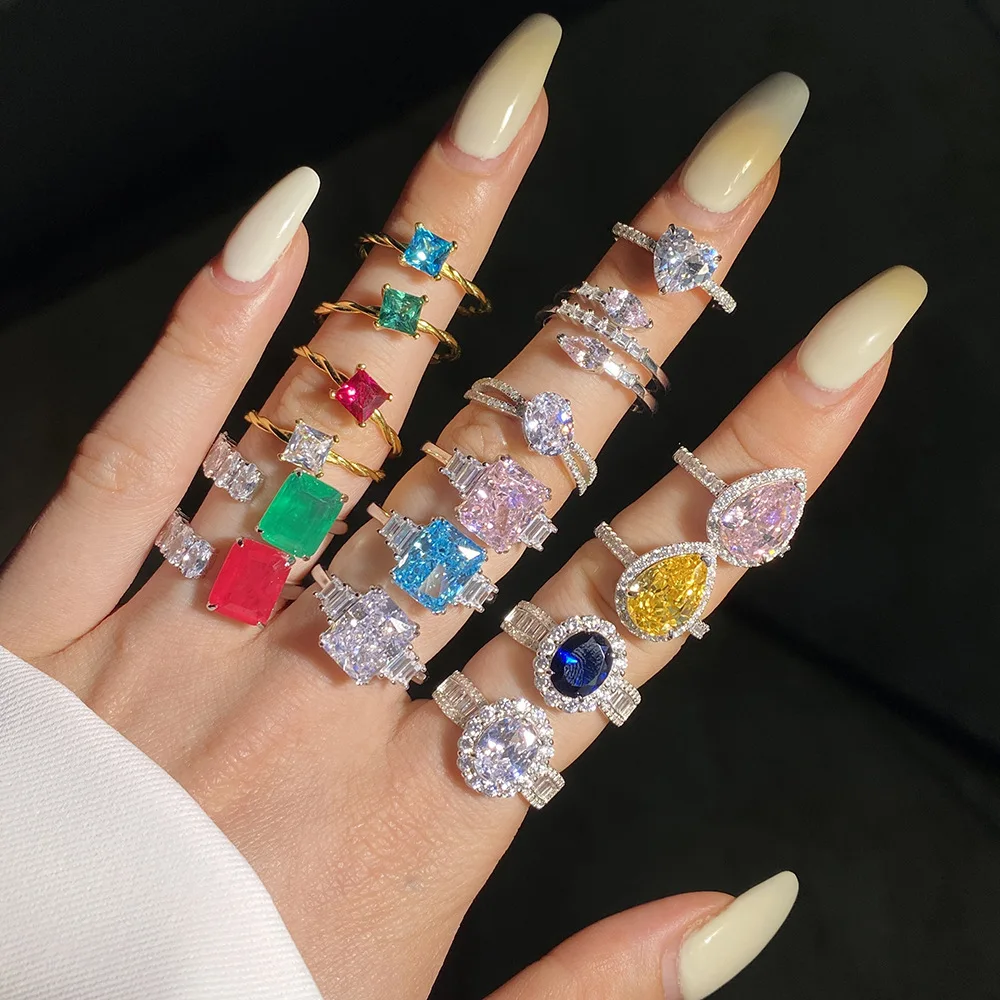 Luxury Diamond Emerald Adjustable Ring 925 Sterling Silver Multicolor Gemstone Cz Cubic Zirconia Weddings Engagement Ring Women