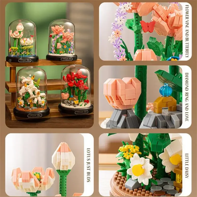 Mini Blocks Lovely Simulation Flowers Building Bricks Preserved Fresh Rose Artificial Sakura Adult Toy Gift Girl Present Holiday