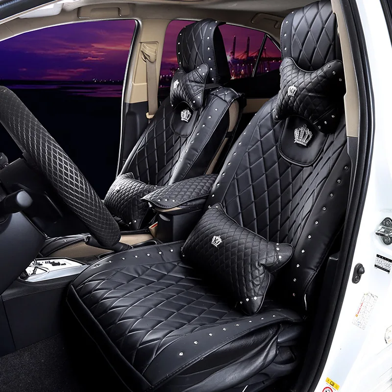 
Crown Leather Car Seat Covers Front Back Rear Seats Protector Sets Universal Neck Waist Pillows Accessories 