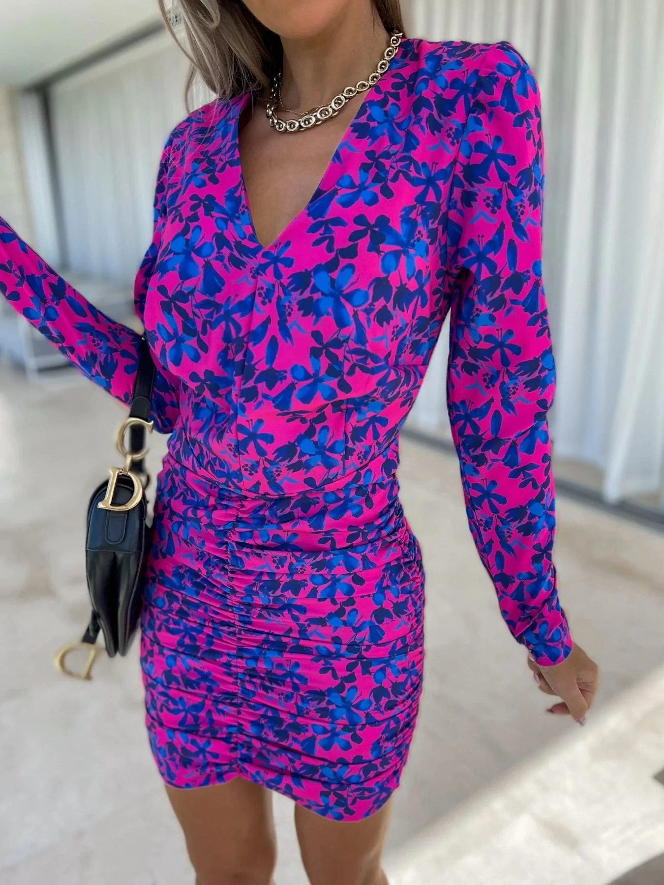 PRETTY STEPS New Design Women Floral Print Elegant Office Dress Long Sleeve Spring Summer Draped Sexy Mini Dresses
