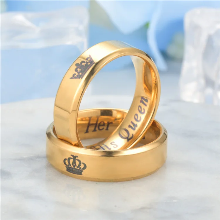 Wholesale Romantic Engraved King and Queen Rings for Couple 18K Gold Plated Stainless Steel Crown Plain Finger Rings