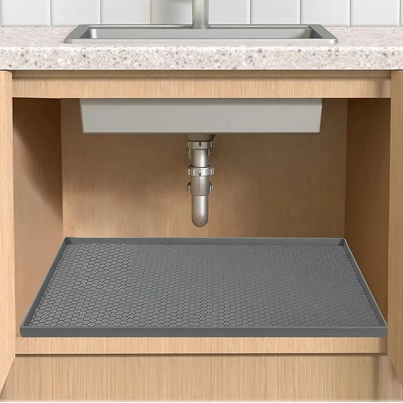 Silicone Under Sink Liner Waterproof Shelf Mat with Drain Hole Kitchen Bathroom Cabinet Mat Protect Tray for Drips Leaks Spill