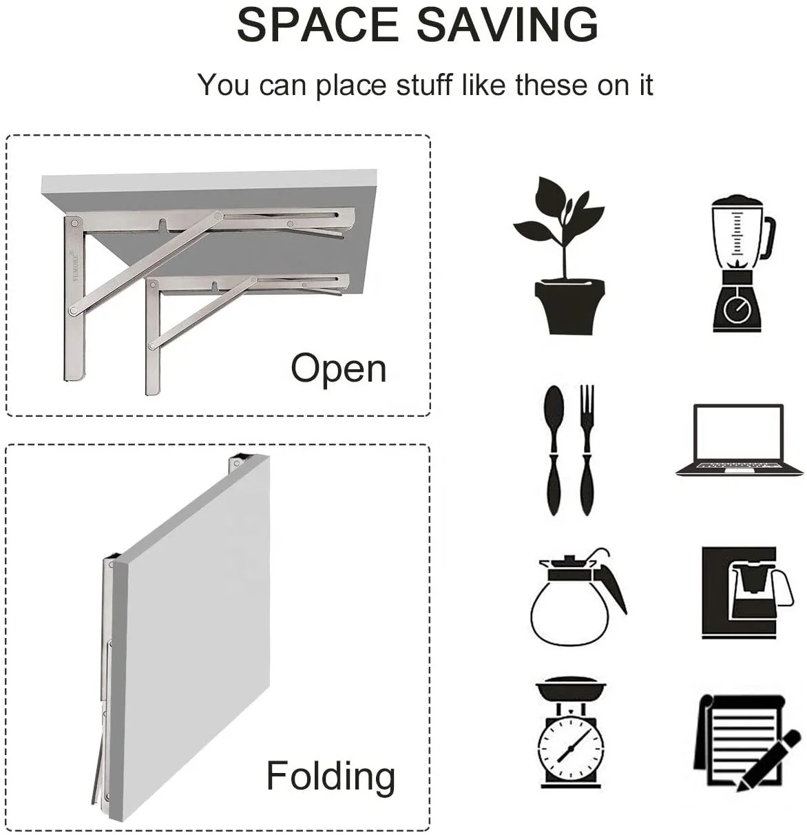 RheTech Heavy Duty Stainless Steel Made Folding Collapsible Space Saving DIY Shelf Brackets for Table Work Bench