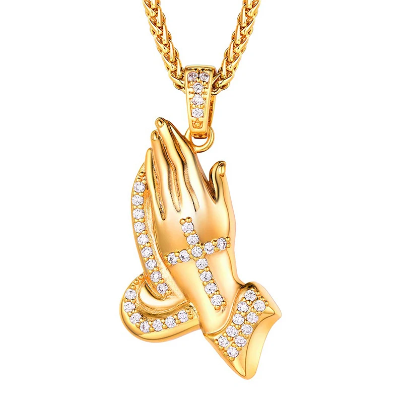 Mens Custom Crystal Praying Hands Pendant Religious Charm Stainless Steel 18k Gold Plated Hamsa Hand Pendant