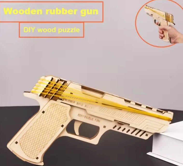 Kids Jigsaw Puzzle Games Wooden Pistol Rubber Band Gun 3D Wooden Puzzle Handgun Toys