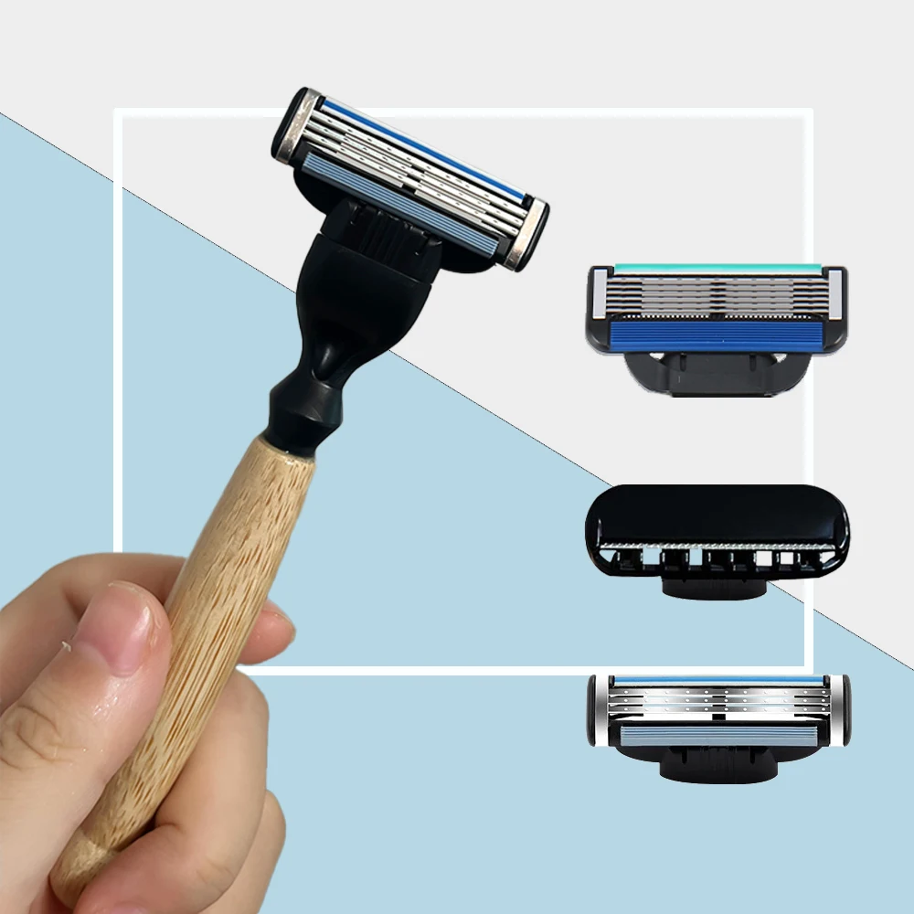 Spolo Wholesale Bamboo Handle Razor 3 & 6 Layers Blade Shaving Heads AC System Razors For Men Women Use Beard & Body Care Tools
