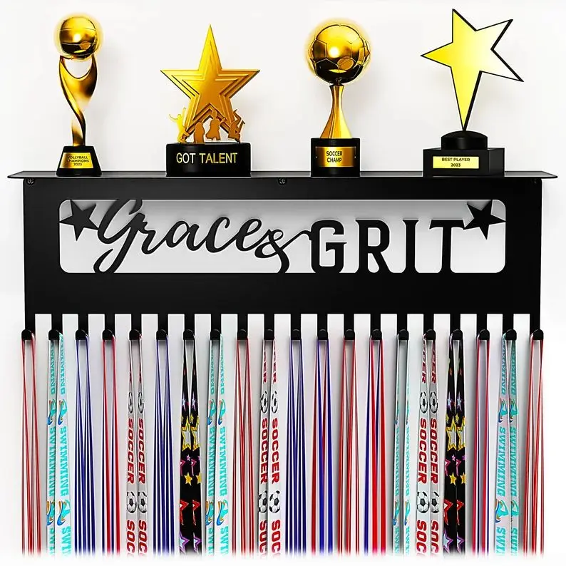Grace&Grit Medal Hanger and Trophy shelf for Awards and Sports Medals Holds 60+ Medals And Comes With 10 Inspirational Stickers