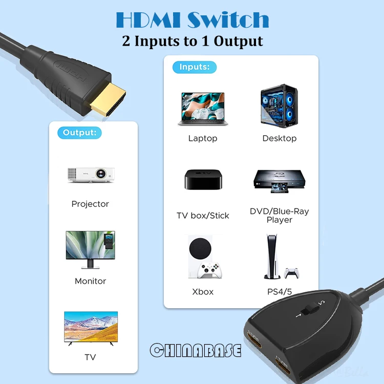 4K 2 Port HDMI Switcher 2x1 1080P 3D HDMI Switch Converter Cable Switcher Splitter UHD Compatible for PS5/4 Xbox Roku FireStick