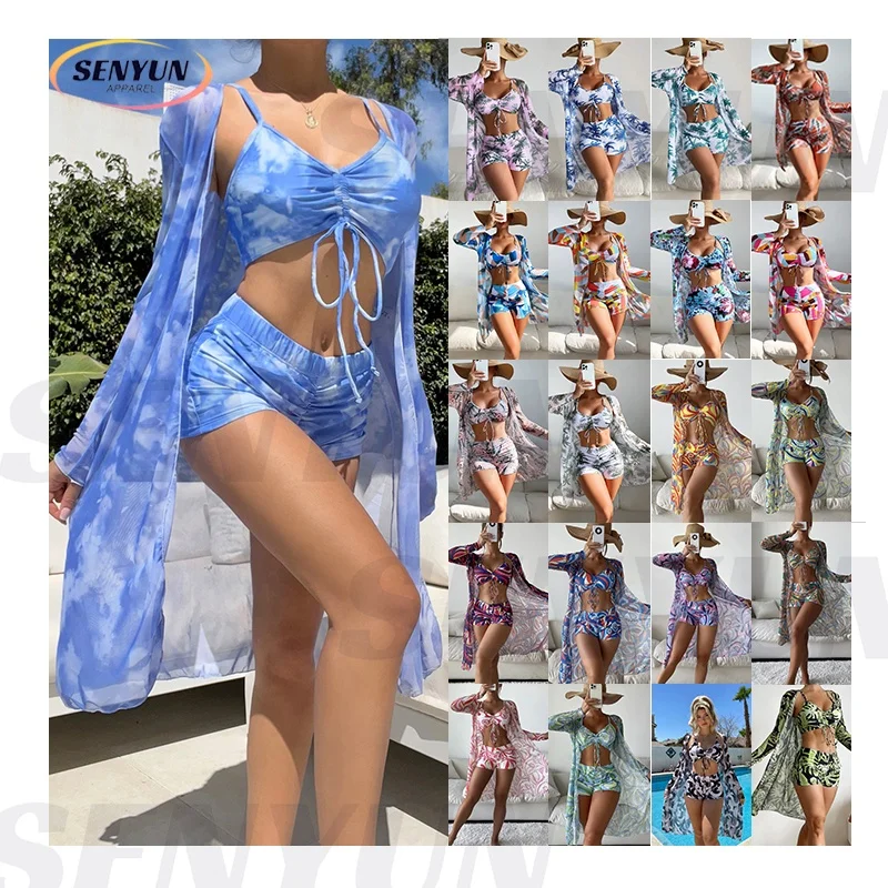 Summer Beach String Bikini Swimwear Beachwear Women Swimsuit Beach Cover Up Beach Dress High Waist Cover Up 3 Piece Set