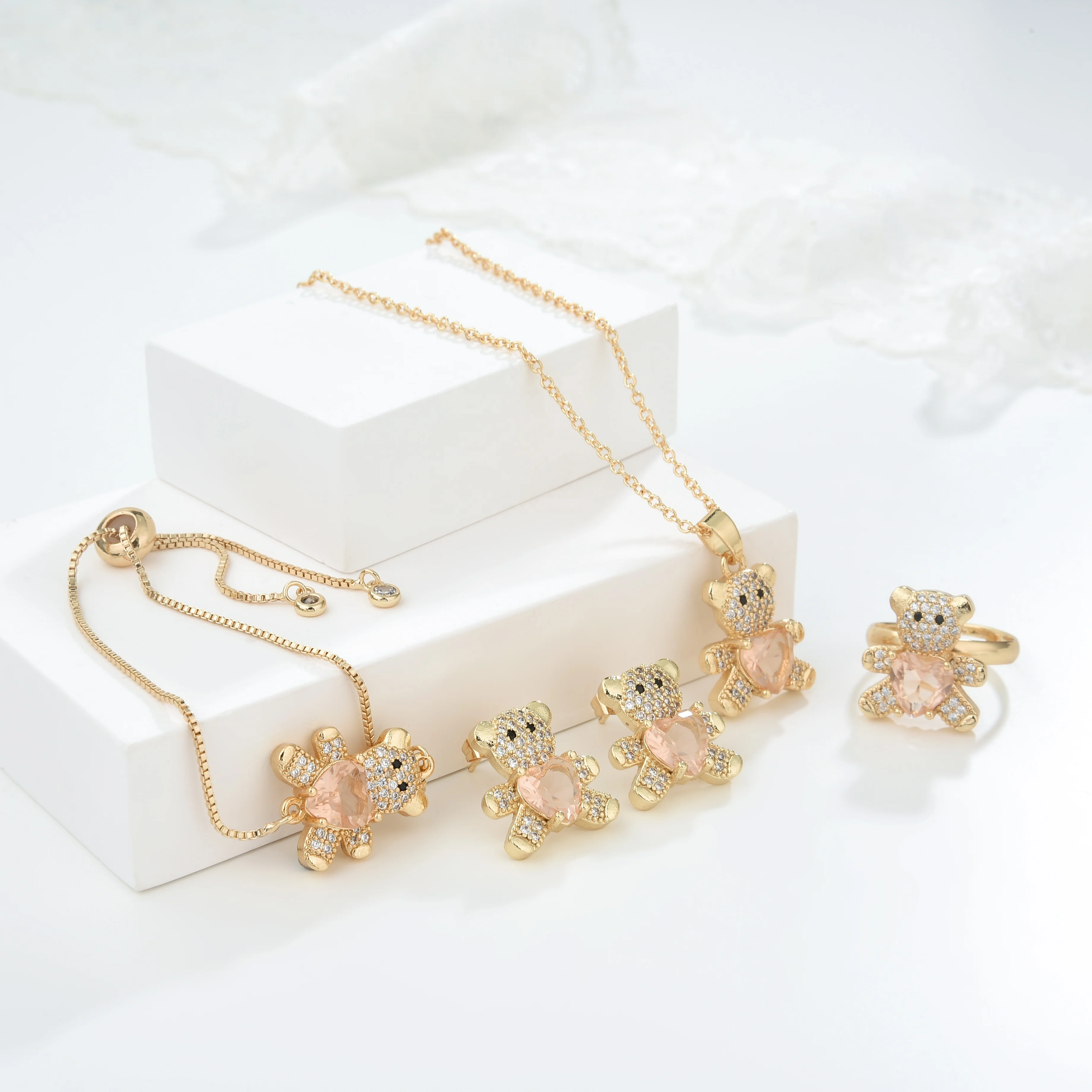 Elfic Cute Jewelry Sets Necklace&Rings&Bracelets&earrings Bear jewelry Animal Stud earrings Conjuntos Oro Laminado Gold Plated