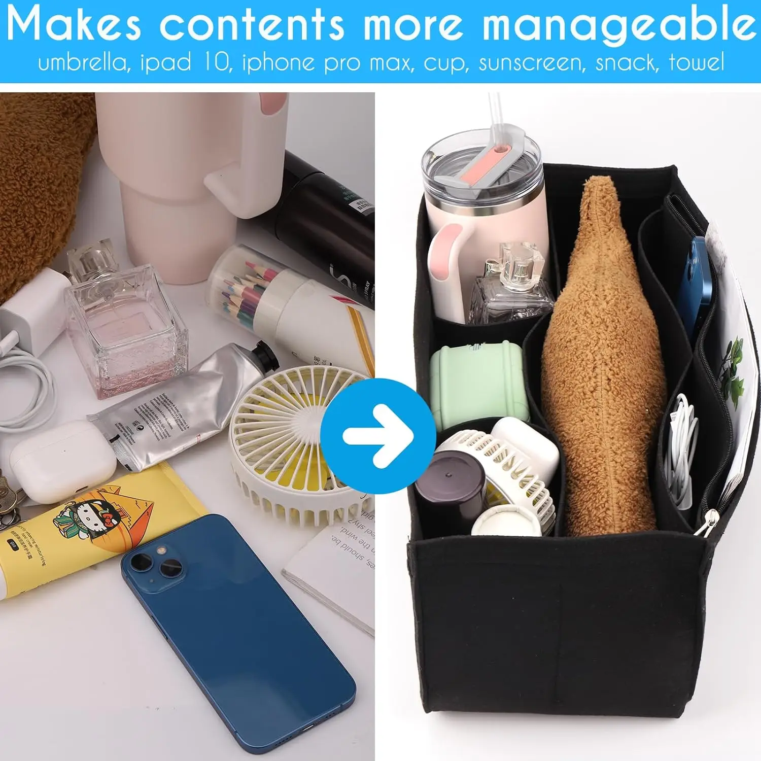 Rubber Beach Bag Organizer Liner Compatible with Bogg Bag Felt Insert Divider Pouch with Zipper for Bogg Bag Accessories,TLX0122
